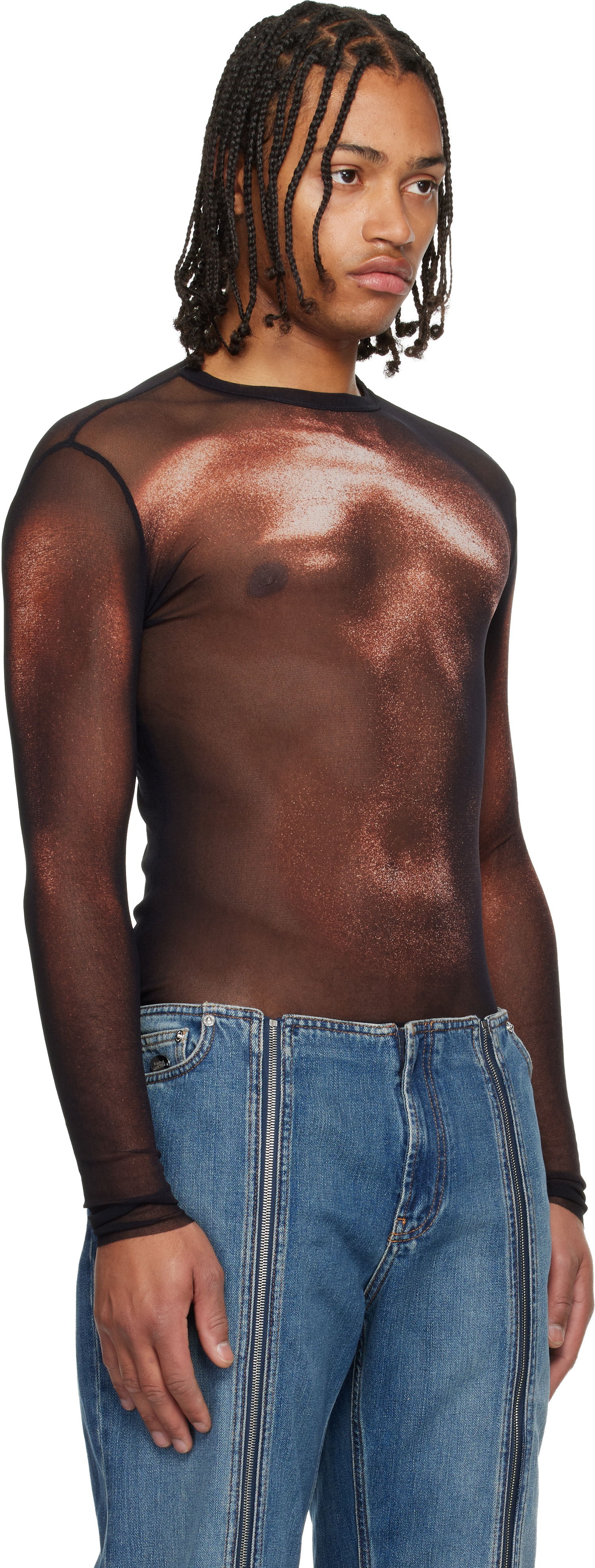 Tričko Jean Paul Gaultier 'The Bronze Body Dust' Sheer Mesh Long Sleeve Top Metalická | 25/04-W-TO366-M010P-0060, 1