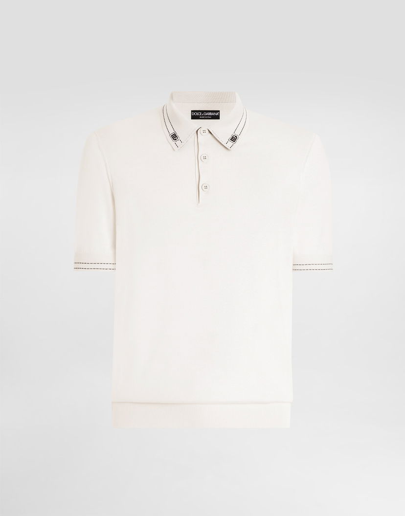 Polo tričko Dolce & Gabbana Dolce & Gabbana Knitted Silk Short-Sleeve Polo Shirt with Embroidered Collar Biela | GXZ02TJBSOIW0001