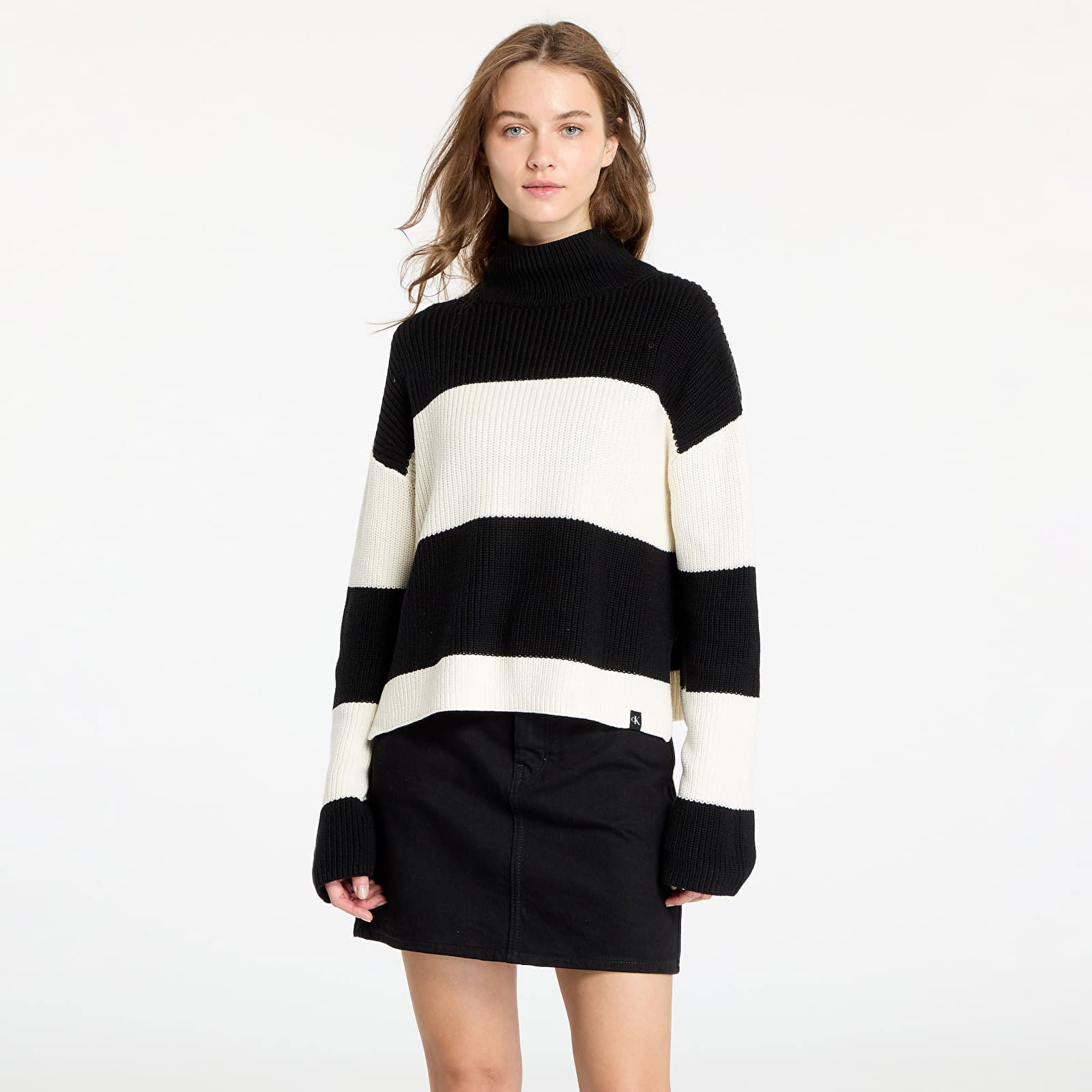 Chunky Loose High Neck Sweater Ivory/ Black Stripe