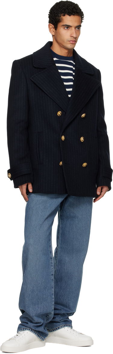 Kabáty Balmain Short Striped Wool Pea Coat Navy | FH0UA155WC87, 3