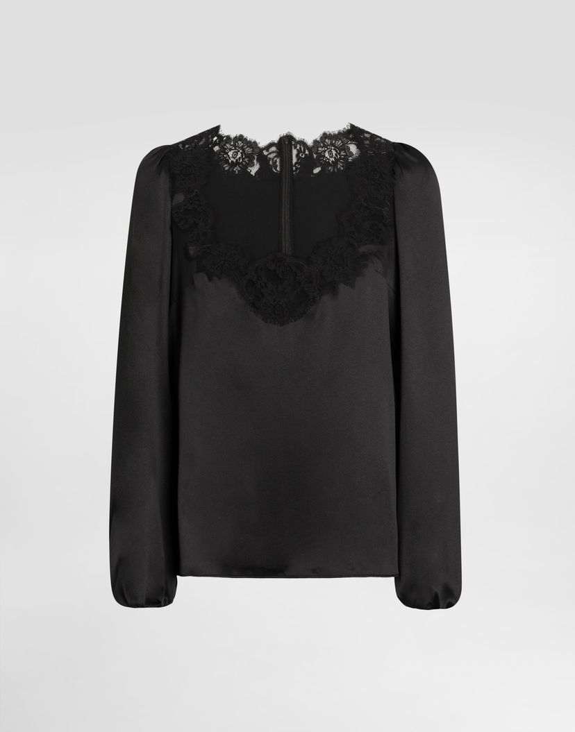 Košeľa Dolce & Gabbana Dolce & Gabbana Silk Stretch Satin Blouse with Scalloped Lace Yoke Čierna | F7BF3TFURAGN0000