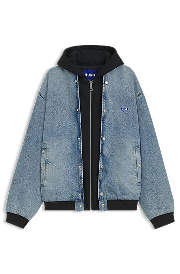 Bomber bunda BOSS HUGO Denim Bomber Jacket with Hooded Jersey Panel Modrá | 50541735, 0