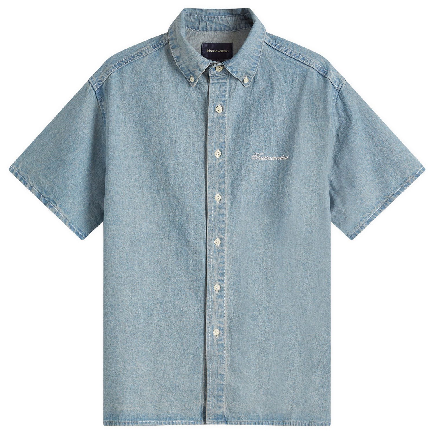 Košeľa thisisneverthat Thisisneverthat Washed Denim Short Sleeve Shirt, Size Small Modrá | TNCO0DSHTS01-WABL, 0