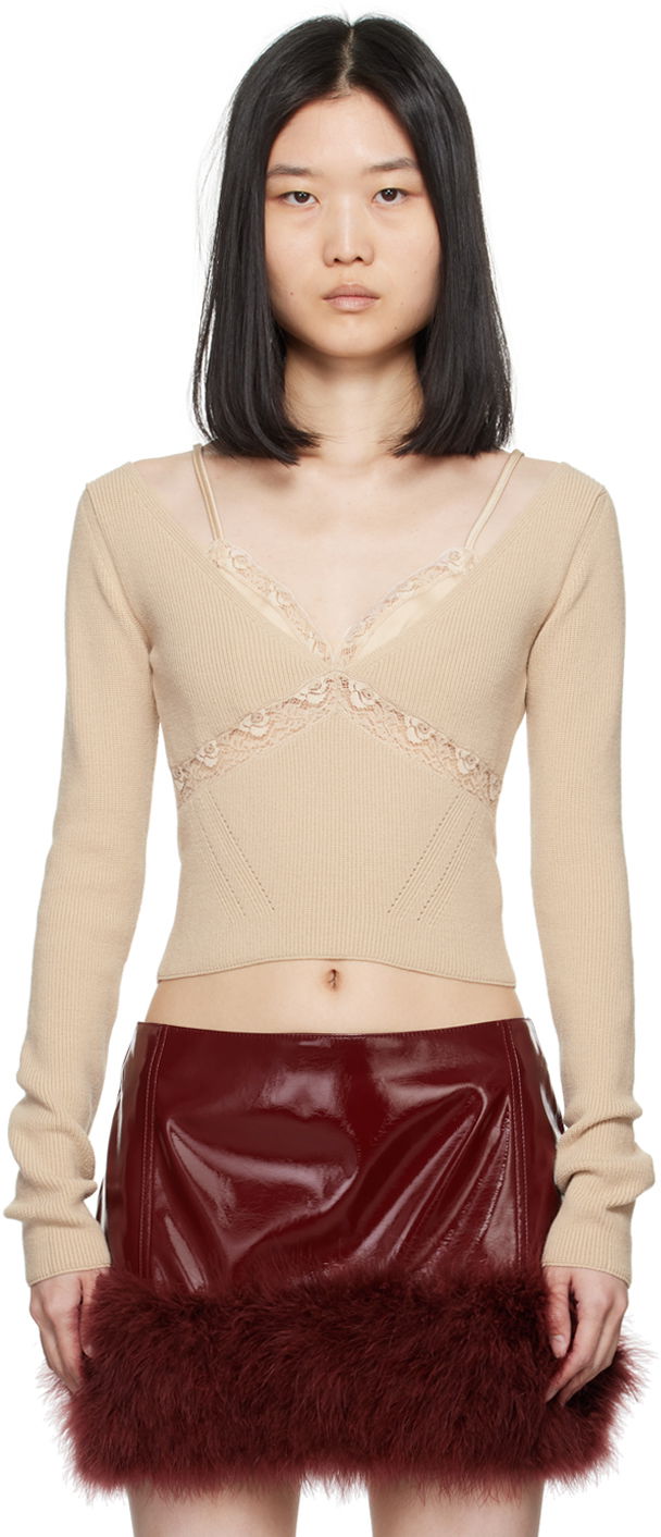 Crop Top Blumarine Lace Trimmed Knit Top Béžová | A422M460A, 0