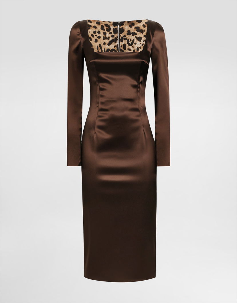 Šaty Dolce & Gabbana Dolce & Gabbana Stretch Satin Dress with Leopard Print Detail Hnedá | F6TYGTFURADM0694