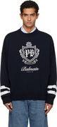 Crewneck Knit Sweater with College Emblem and Striped Cuffs
