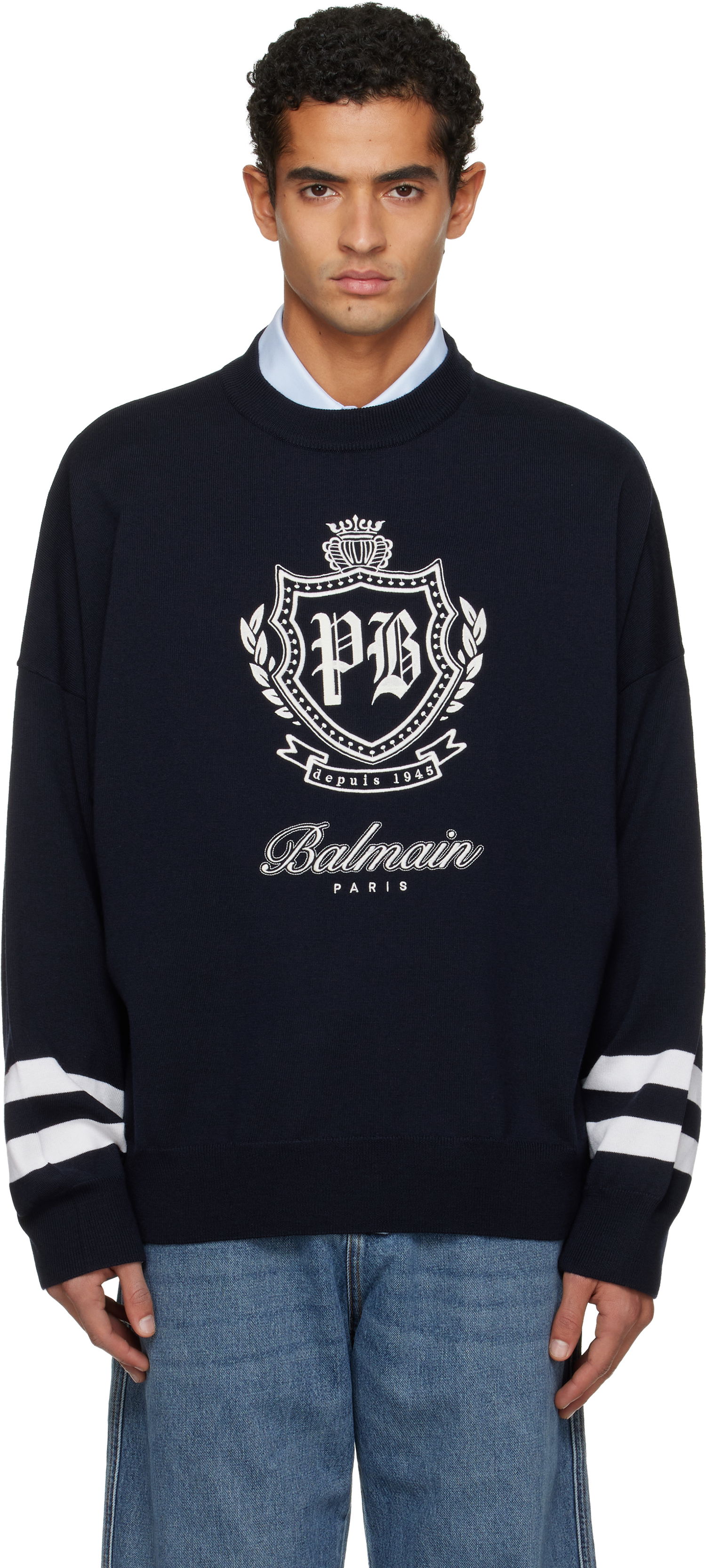 Sveter Balmain Crewneck Knit Sweater with College Emblem and Striped Cuffs Navy | FH0KE050KJ21, 0
