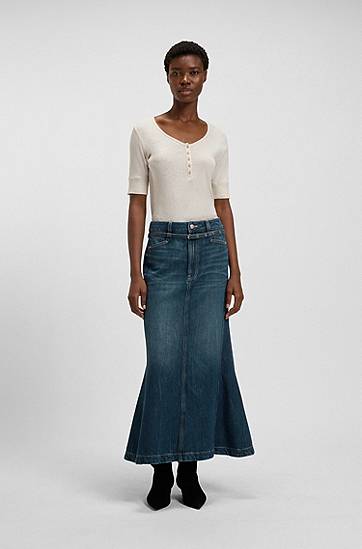 Sukňa BOSS Flared denim maxi skirt with self-tie belt Modrá | 50548436, 1