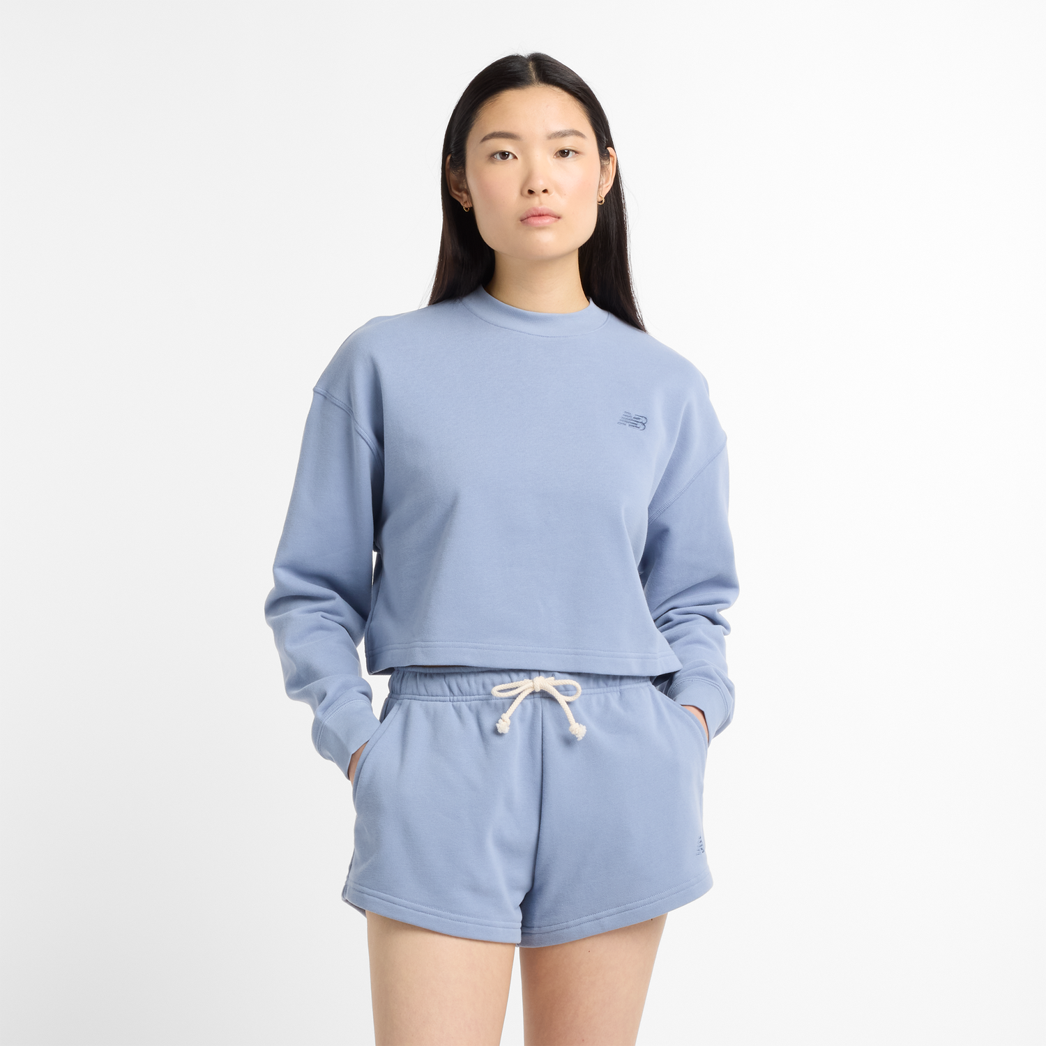 Šortky New Balance Women's Cropped Fleece Sweatshirt and Shorts Set Modrá | NBWT51514DUS, 0