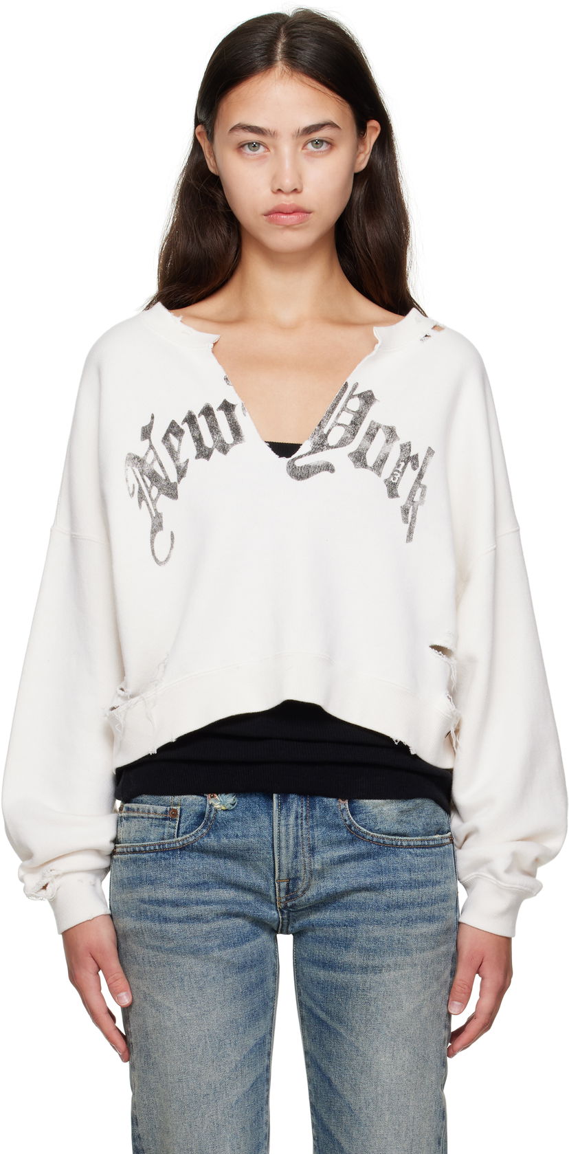 Mikina R13 R13 Cropped Front Slit 'New York' Sweatshirt Biela | R13WK251-K099B