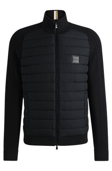 Prešívaná bunda BOSS BOSS Mixed-Material Zip-Up Jacket with Logo Badge Čierna | 50526835