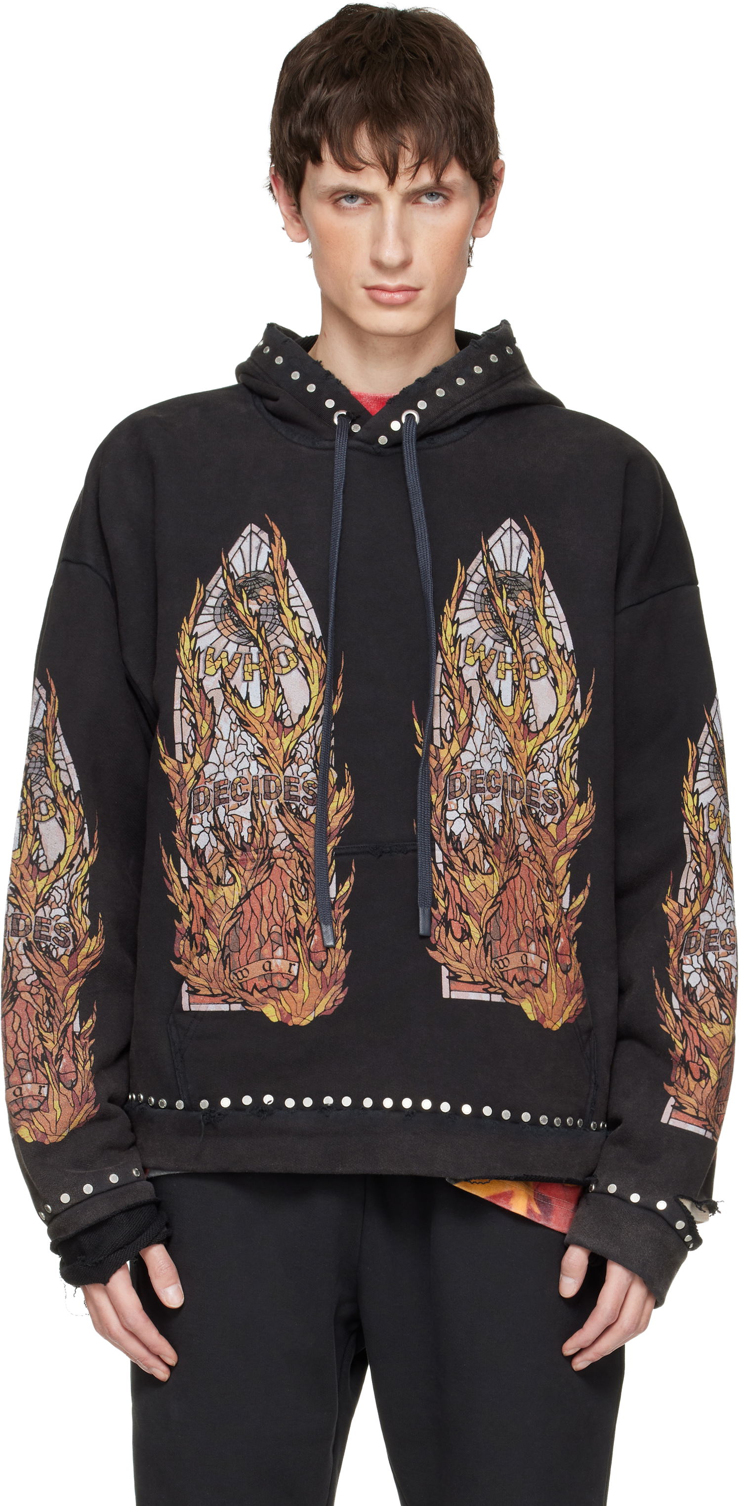 Mikina Who Decides War Studded Stained Glass Flame Graphic Hoodie Čierna | 1110420002FW25, 0