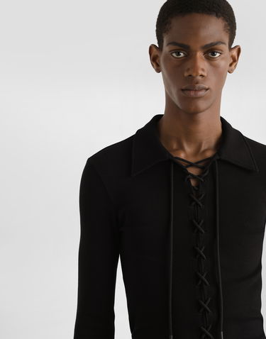 Polo tričko Dolce & Gabbana Dolce & Gabbana Long-Sleeved Interlock Jersey Polo Shirt with Laces Čierna | G8SR3TFUGFJN0000, 3