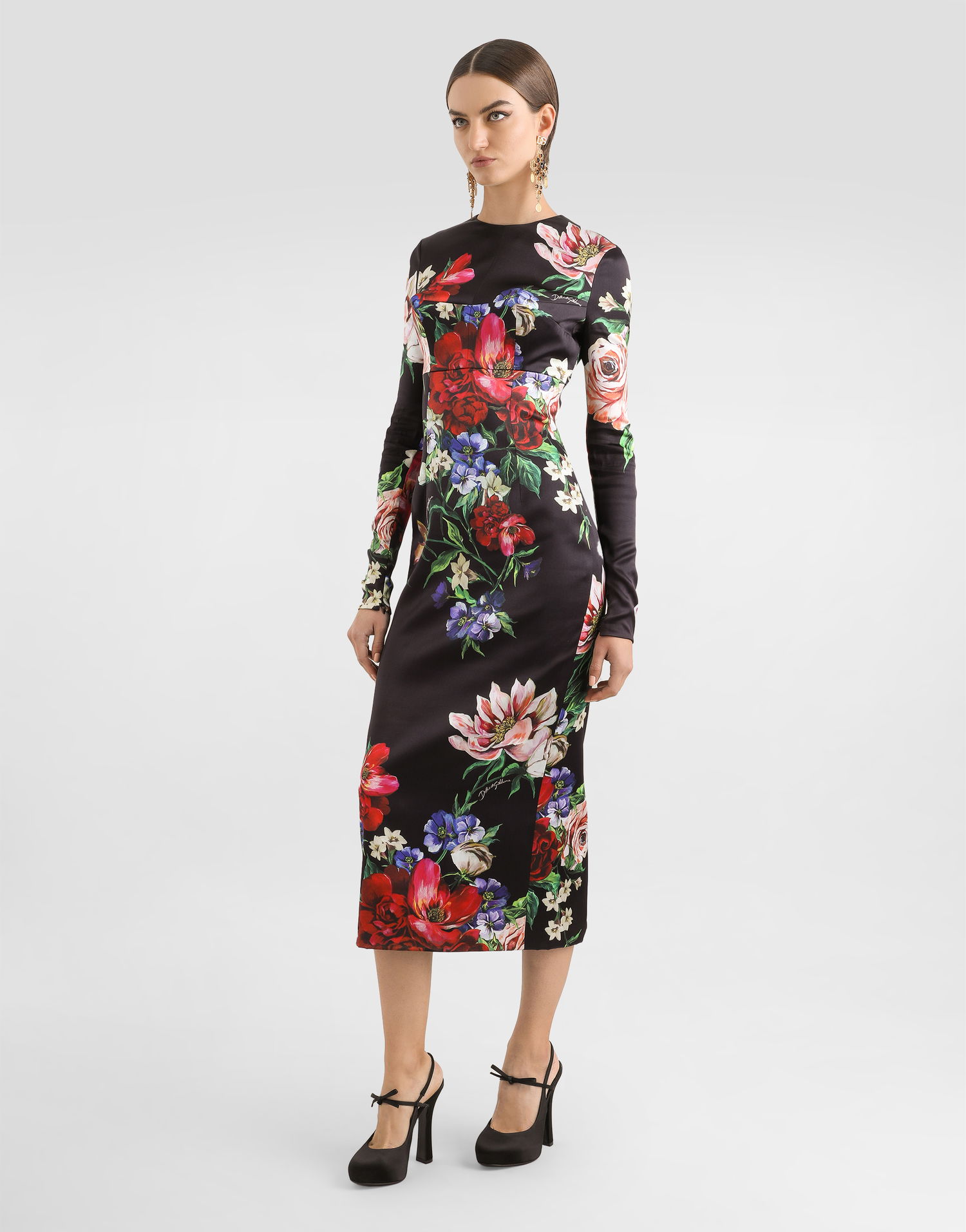 Šaty Dolce & Gabbana Dolce & Gabbana Floral Print Satin Calf-Length Dress Čierna | F6TRQTFSIB5HN5PR, 1