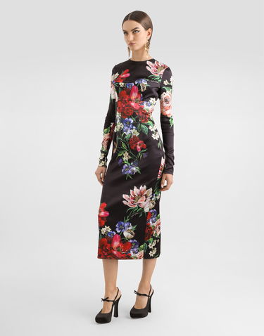 Šaty Dolce & Gabbana Dolce & Gabbana Floral Print Satin Calf-Length Dress Čierna | F6TRQTFSIB5HN5PR, 1