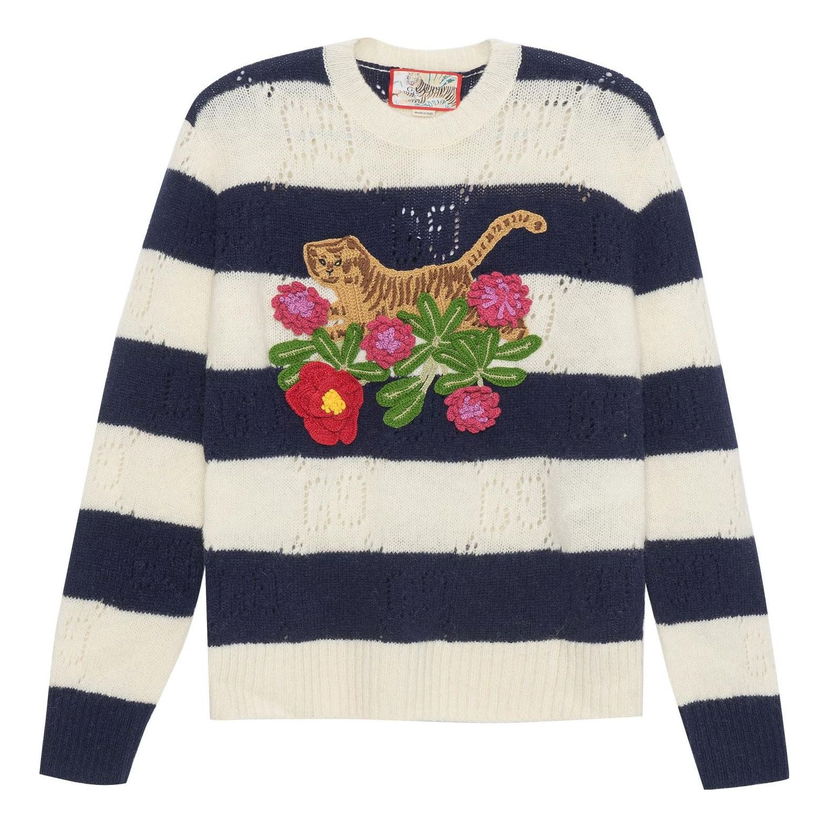 Sveter Gucci Wool Sweater with Tiger and Floral Embroidery Modrá | 683896-XKB77-9801