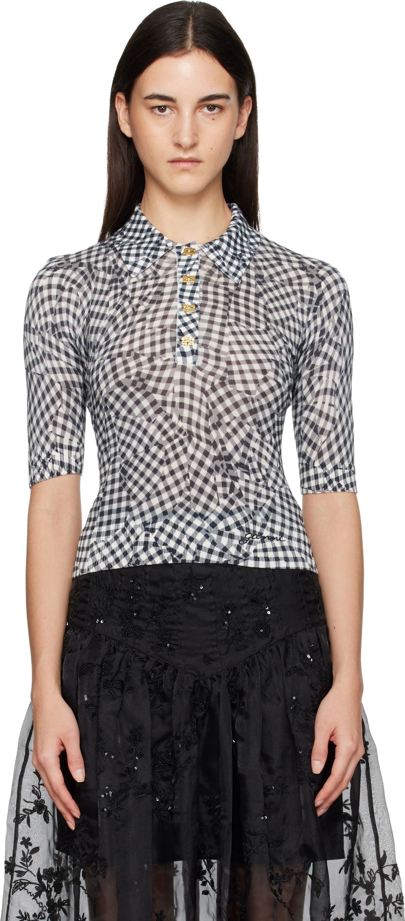 Polo tričko GANNI Sheer Cotton Gingham Printed Polo Shirt Rôznofarebný | K2492