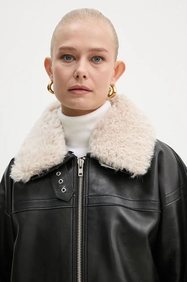 Bunda STAND STUDIO Stand Studio Emelia Oversized Faux Leather Jacket with Faux Shearling Collar Čierna | 62271.7540, 4