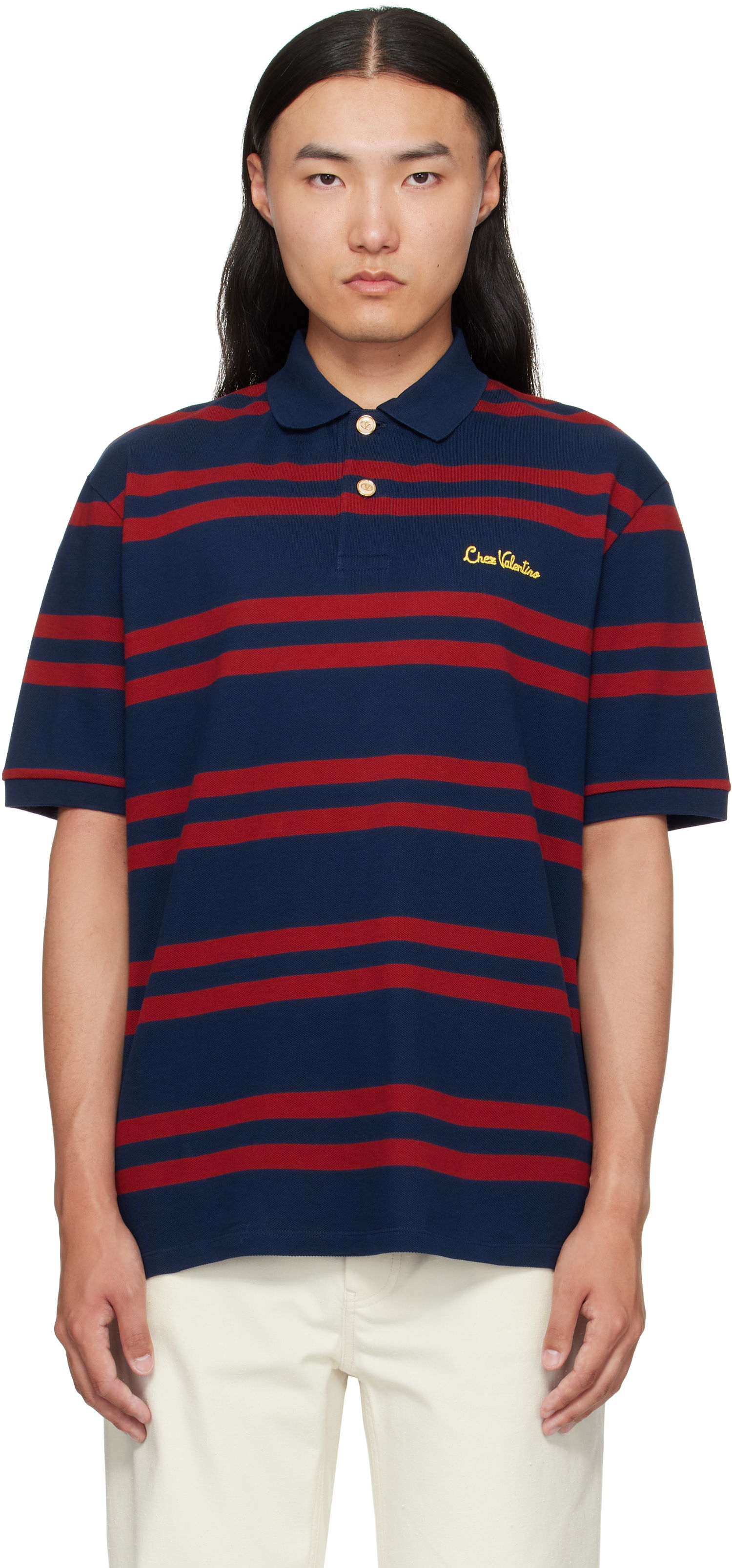 Polo tričko Valentino Valentino 'Chez Valentino' Cotton Piqué Polo Navy | 7V3MH04CAYN, 0