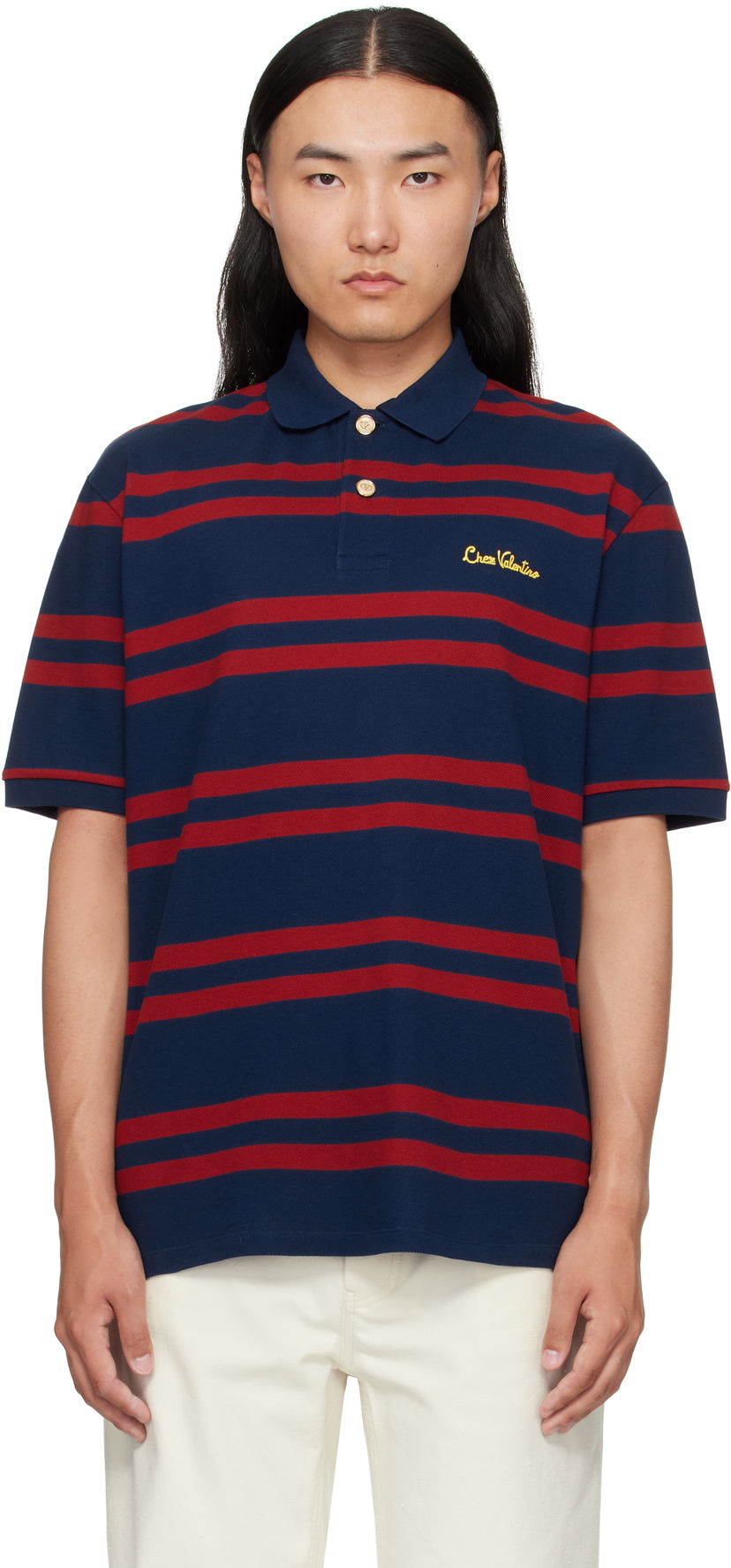Polo tričko Valentino Valentino 'Chez Valentino' Cotton Piqué Polo Navy | 7V3MH04CAYN