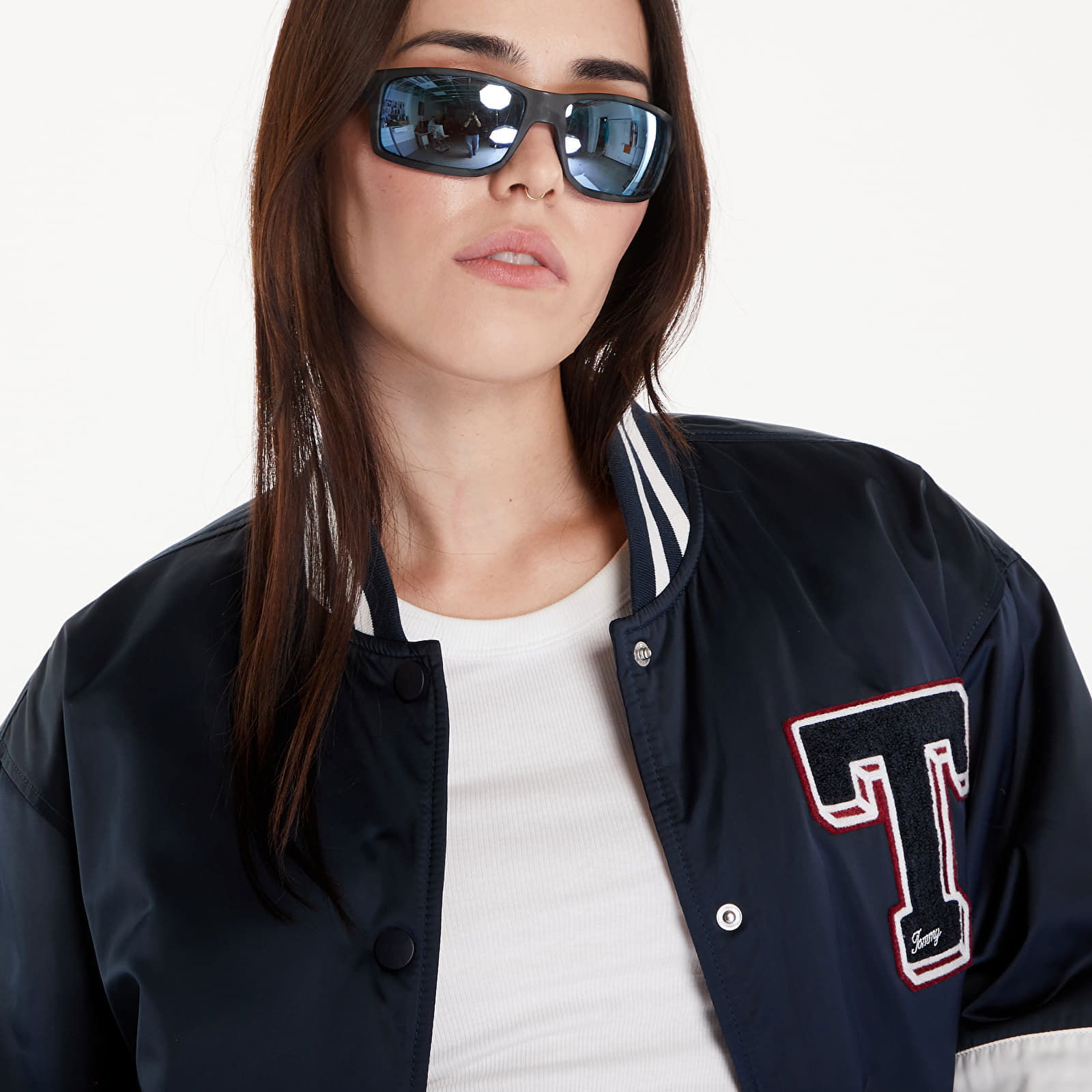 Satin Letterman Bomber Jacket Dark Night Navy