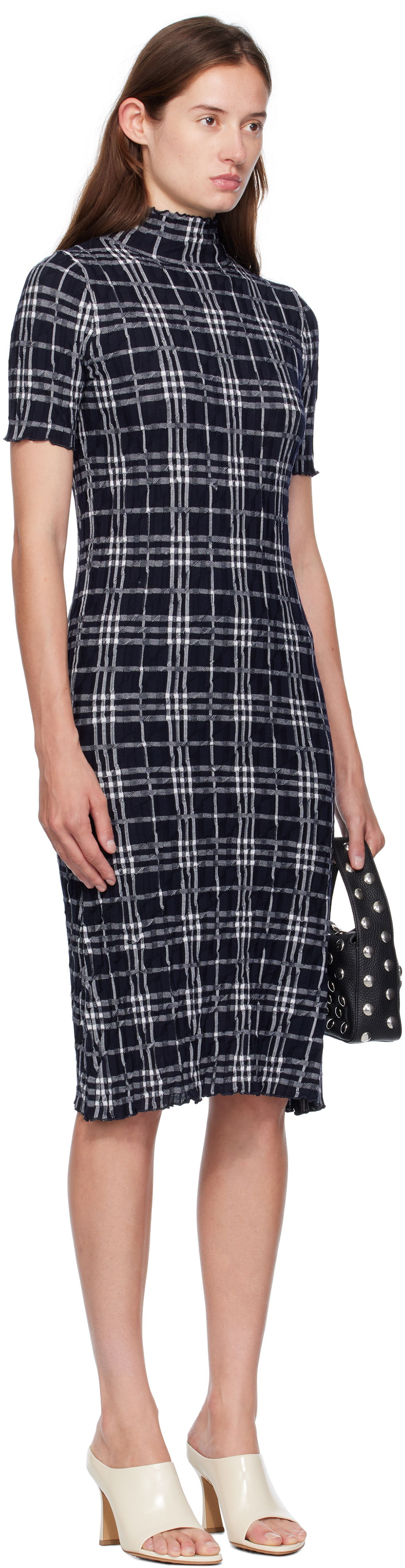 Šaty Burberry Burberry Check Wool Blend Midi Dress Navy | 8111428, 1