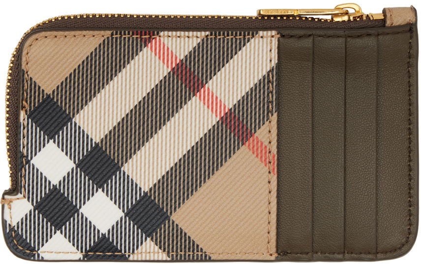 Beige & Khaki Check Zip Card Case Wallet