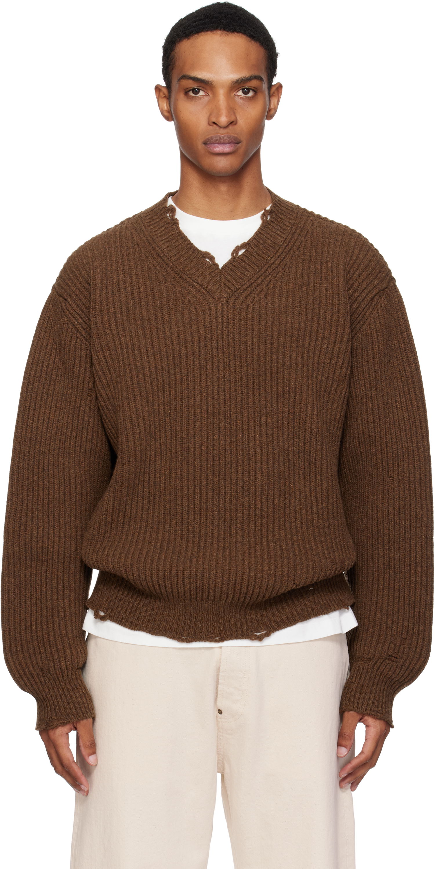 Sveter Maison Margiela MM6 Maison Margiela Ribbed Wool Knit V-Neck Sweater Hnedá | SH0HN0003 M13138, 0