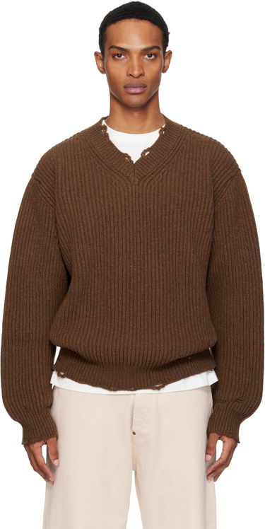 Sveter Maison Margiela MM6 Maison Margiela Ribbed Wool Knit V-Neck Sweater Hnedá | SH0HN0003 M13138, 0
