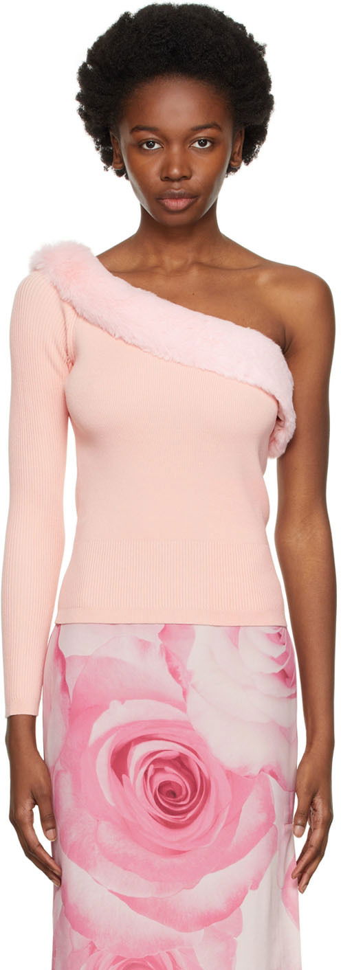 Sveter Blumarine One Shoulder Faux Fur Trimmed Sweater Ružová | 2M181A, 0
