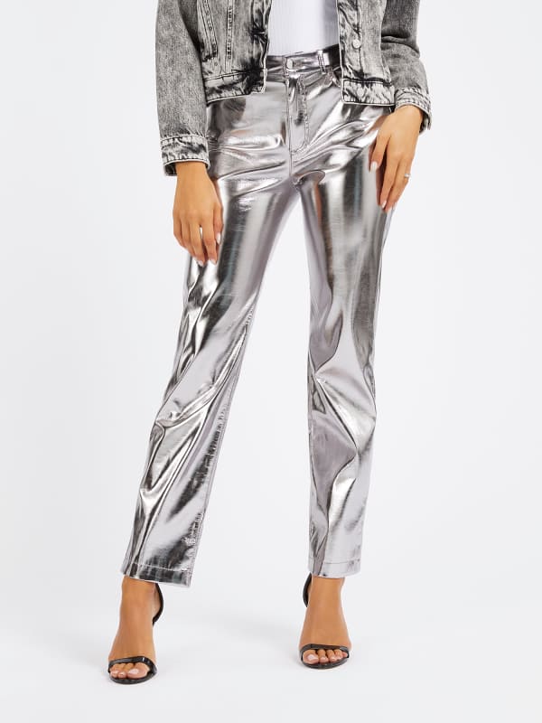 Nohavice GUESS Metallic Faux Leather Straight Pant Metalická | W4RB33WFWP0, 0
