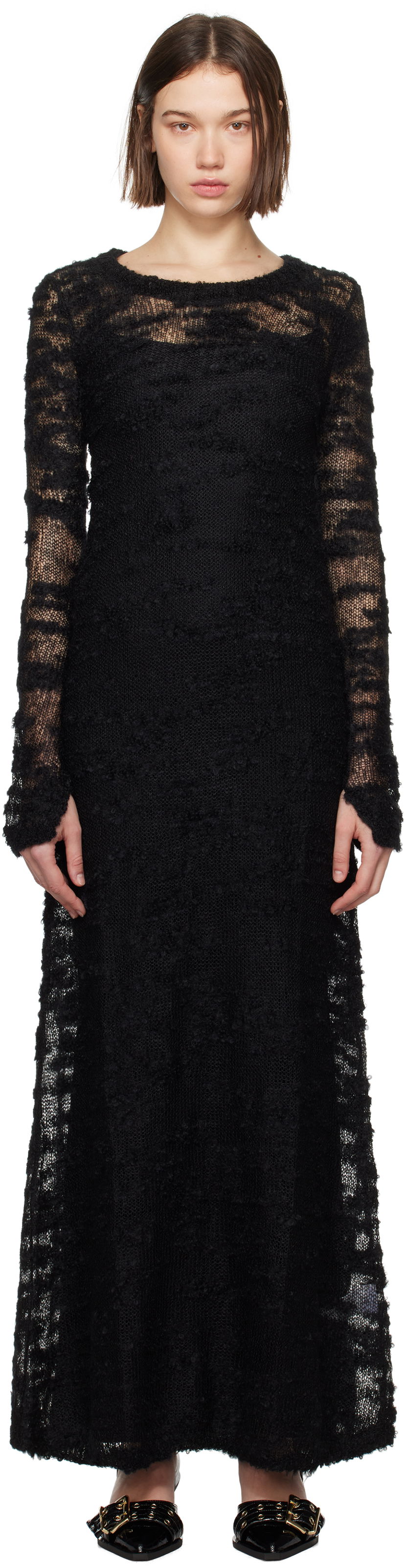 Šaty GANNI Bouclé Long Sleeve Maxi Dress Čierna | K2329