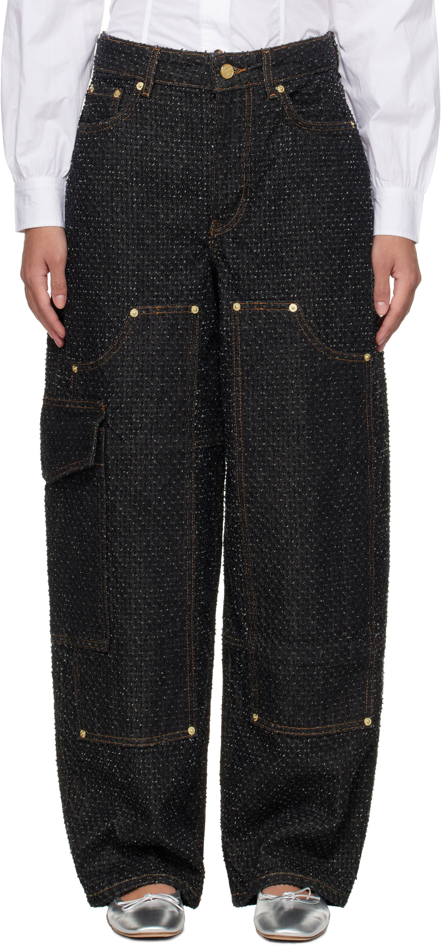 Cargo nohavice GANNI GANNI Fluffy Carpenter Jeans Čierna | J1617, 0