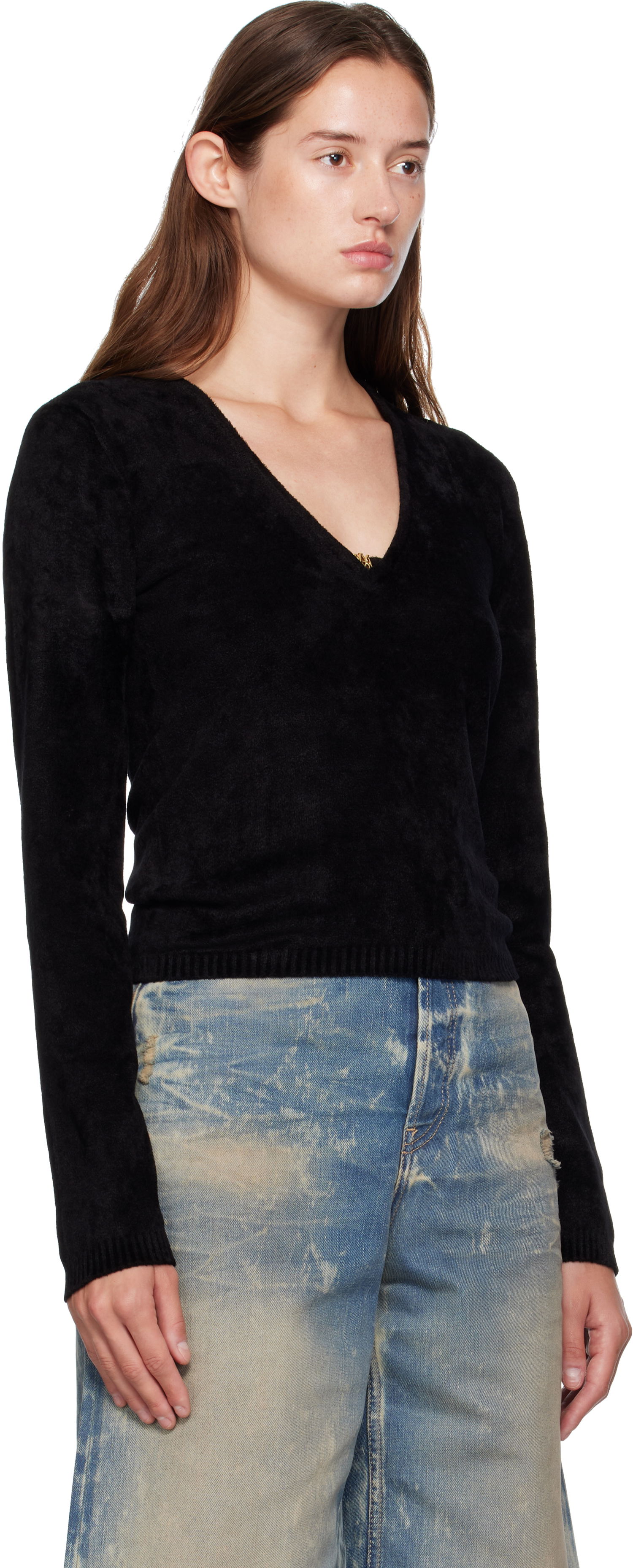 Sveter AMIRI AMIRI Velvet V-Neck Long Sleeve Top Čierna | AWKNLS1008, 1