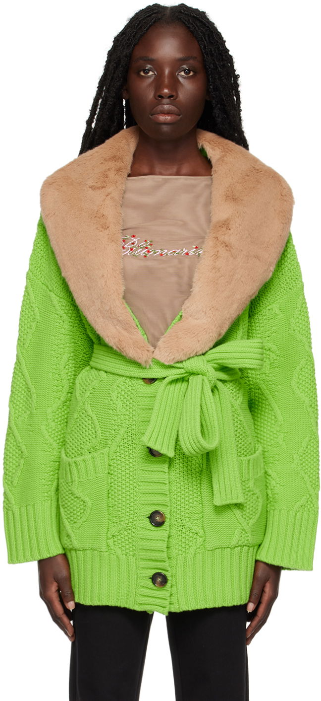 Bunda Blumarine Faux Fur Collar Cable Knit Cardigan Zelené | 2 M220A, 0