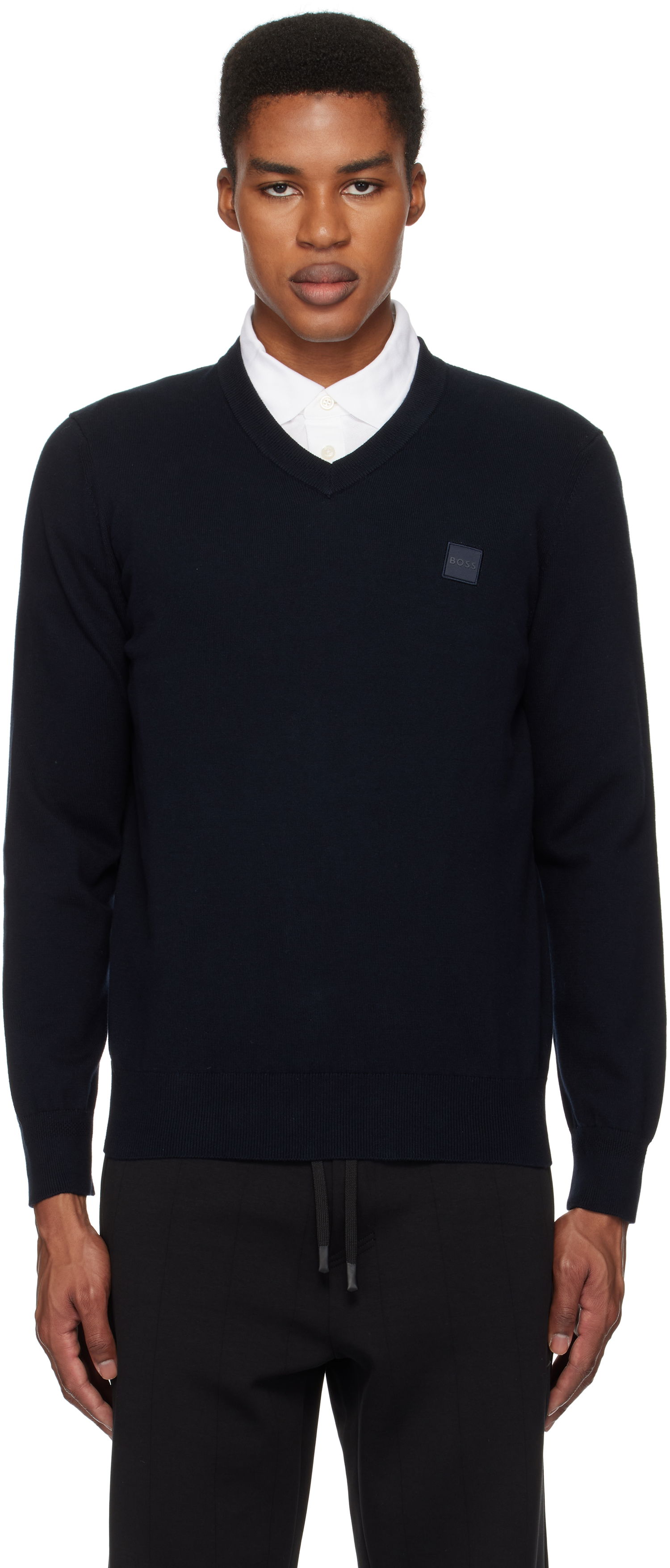 Sveter BOSS V-Neck Logo Patch Sweater Navy | 50534120, 0