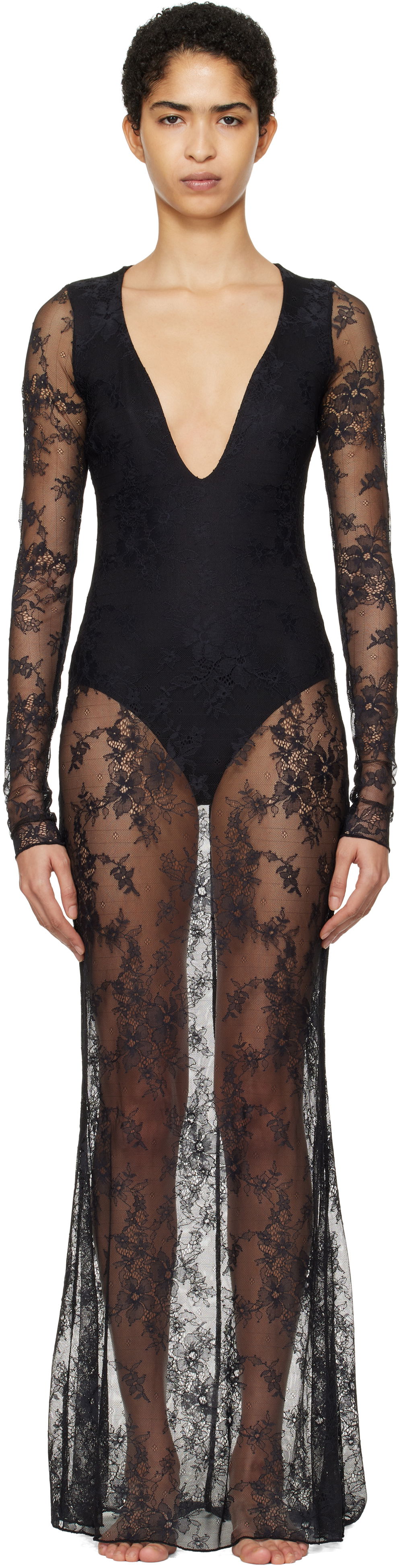 Šaty SKIMS SKIMS Ultra Fine Lace Plunge Maxi Dress Čierna | DS-DRS-6473W, 0