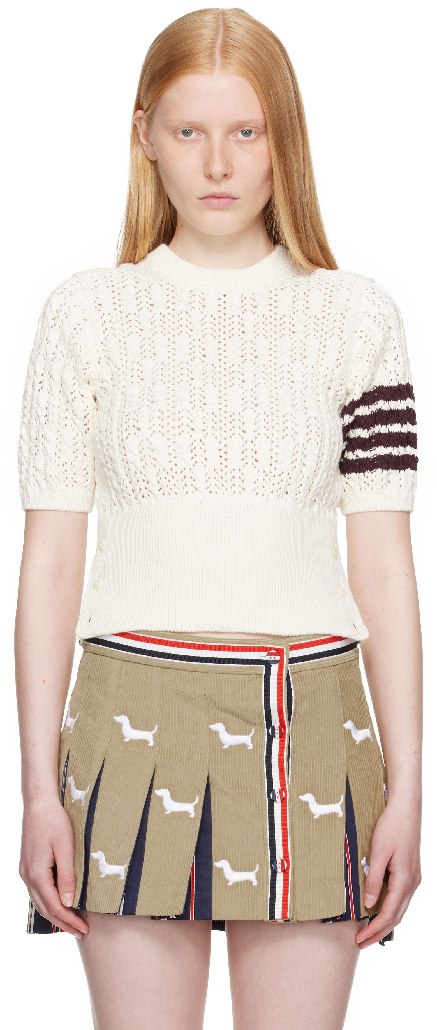 Sveter Thom Browne Thom Browne Pointelle Cable Stitch 4-Bar Sweater Biela | FKA495A-Y3017, 0