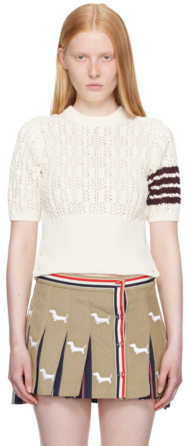Sveter Thom Browne Thom Browne Pointelle Cable Stitch 4-Bar Sweater Biela | FKA495A-Y3017, 0
