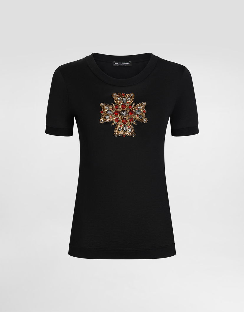 Tričko Dolce & Gabbana Dolce & Gabbana Cotton T-Shirt with Swarovski Embellished Cross Čierna | F8N08ZGDC7GN0000