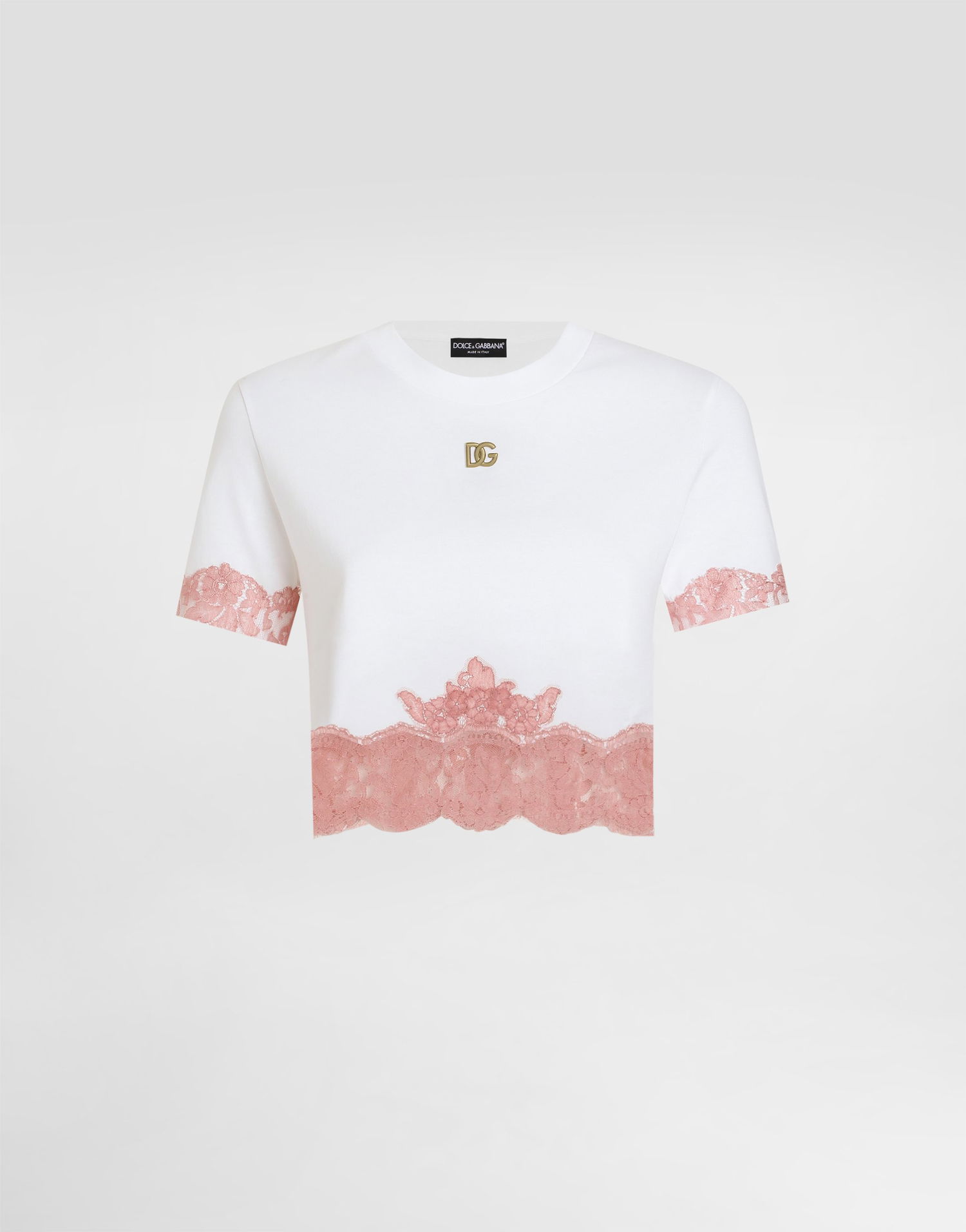 Crop Top Dolce & Gabbana Dolce & Gabbana Cropped Jersey T-Shirt with DG Logo and Lace Inserts Biela | F8V22TFU7EQW0800, 0