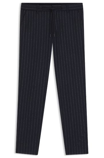 Nohavice BOSS Tapered-fit Pinstripe Trousers with Drawstring in Brushed Stretch Flannel Navy | 50551518