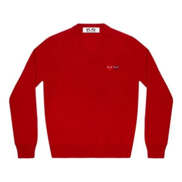 Sveter Comme des Garçons PLAY Double Emblem V-Neck Pullover Červená | AZ-N056-051-5, 0