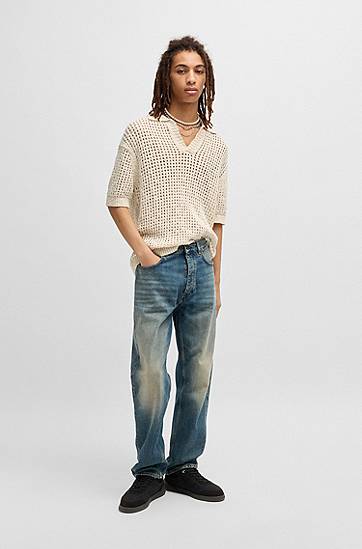 Sveter BOSS Crochet Knit Polo with Johnny Collar Béžová | 50536679, 1