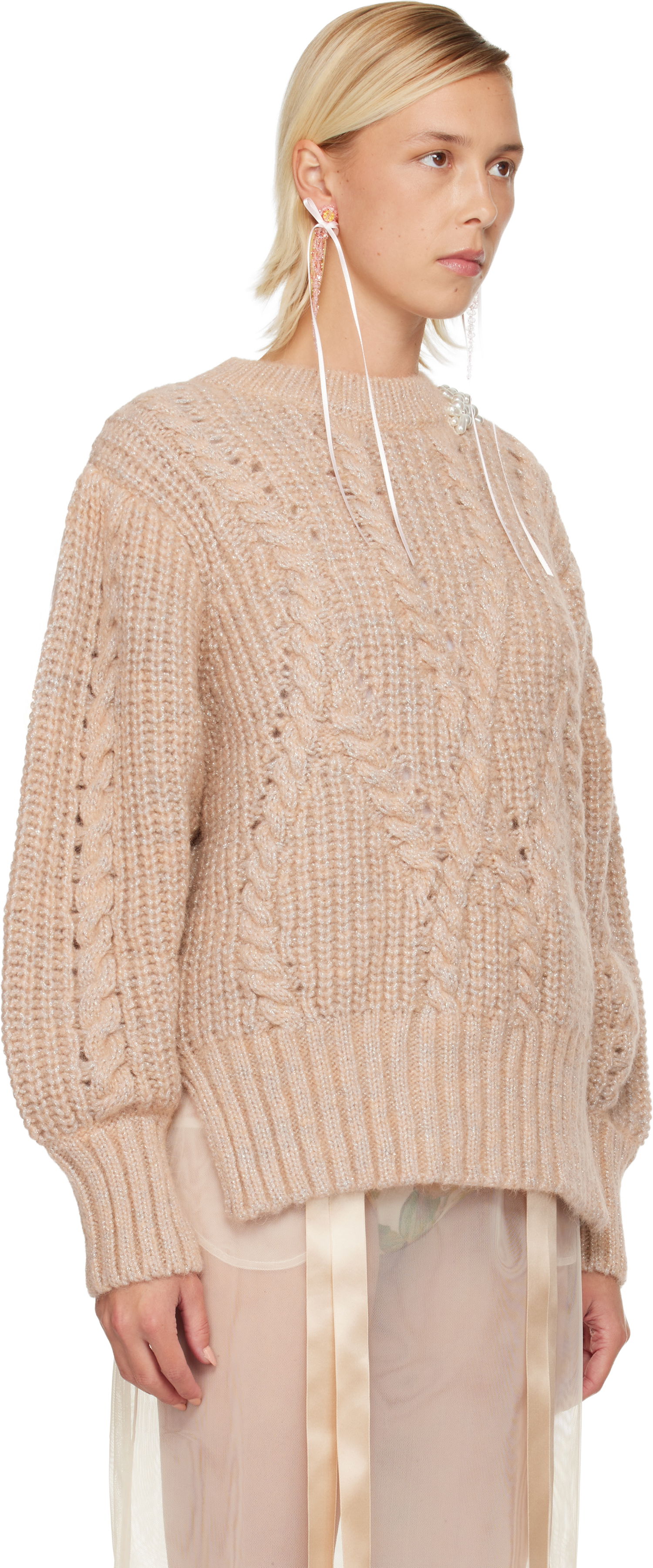 Sveter Simone Rocha Simone Rocha Embellished Puff Sleeve Chunky Knit Sweater Béžová | MZMK4B 0665, 1