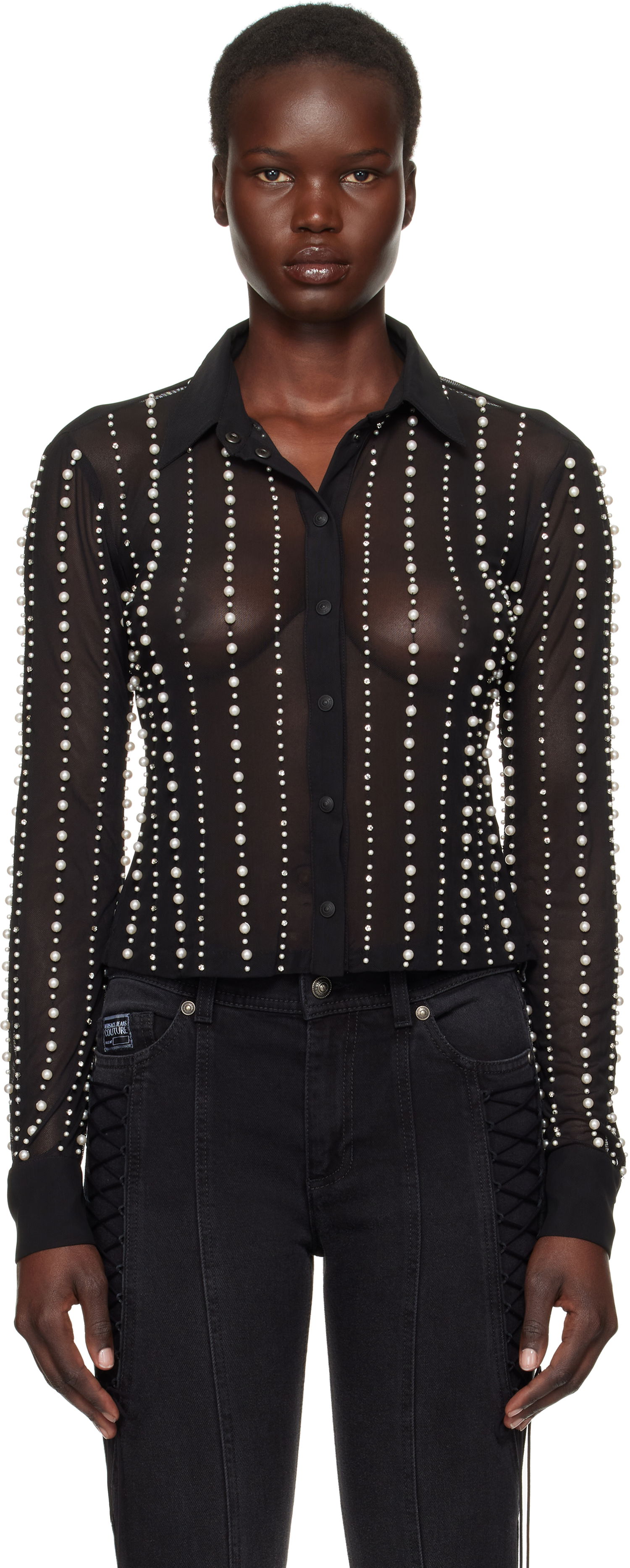 Košeľa Versace Embellished Sheer Button-Up Shirt Čierna | E77HALI13_ECJM01, 0