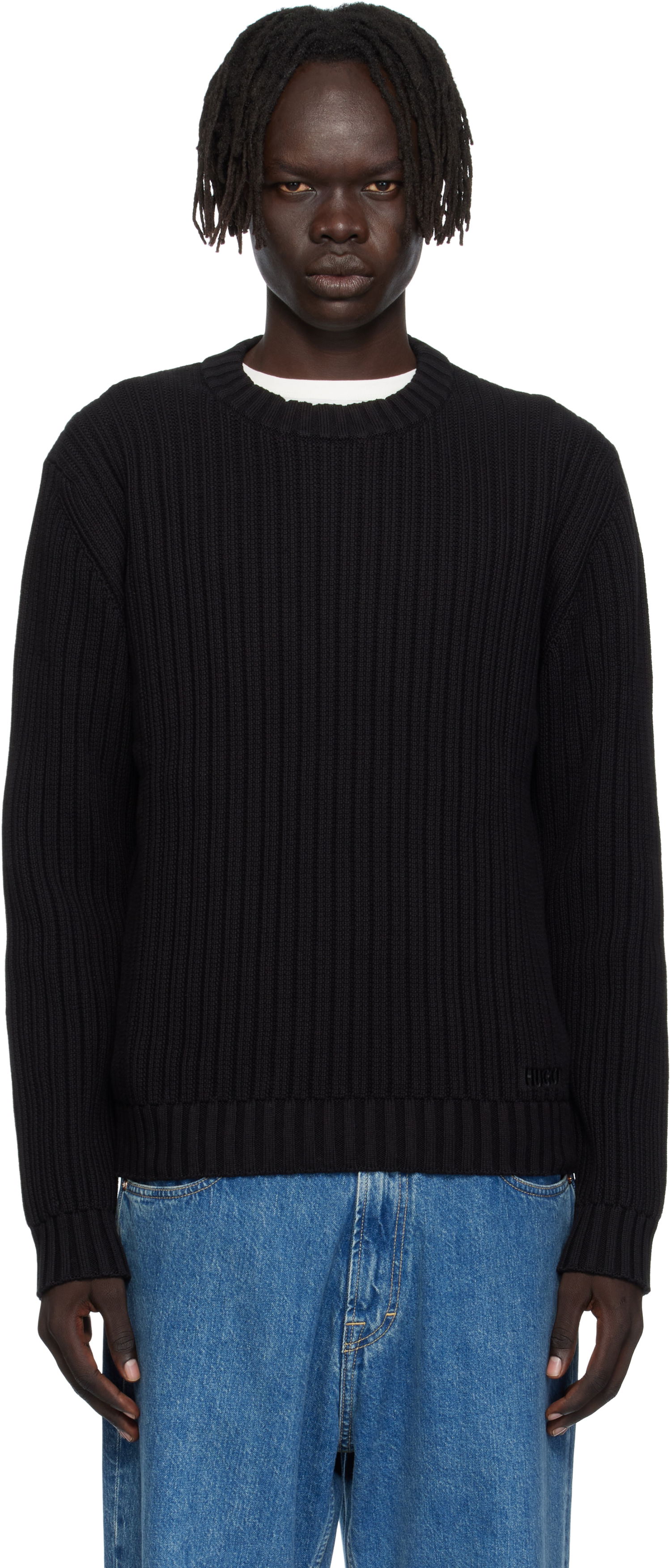 Sveter BOSS Hugo Embroidered-Logo Ribbed Knit Sweater Čierna | 50546863, 0