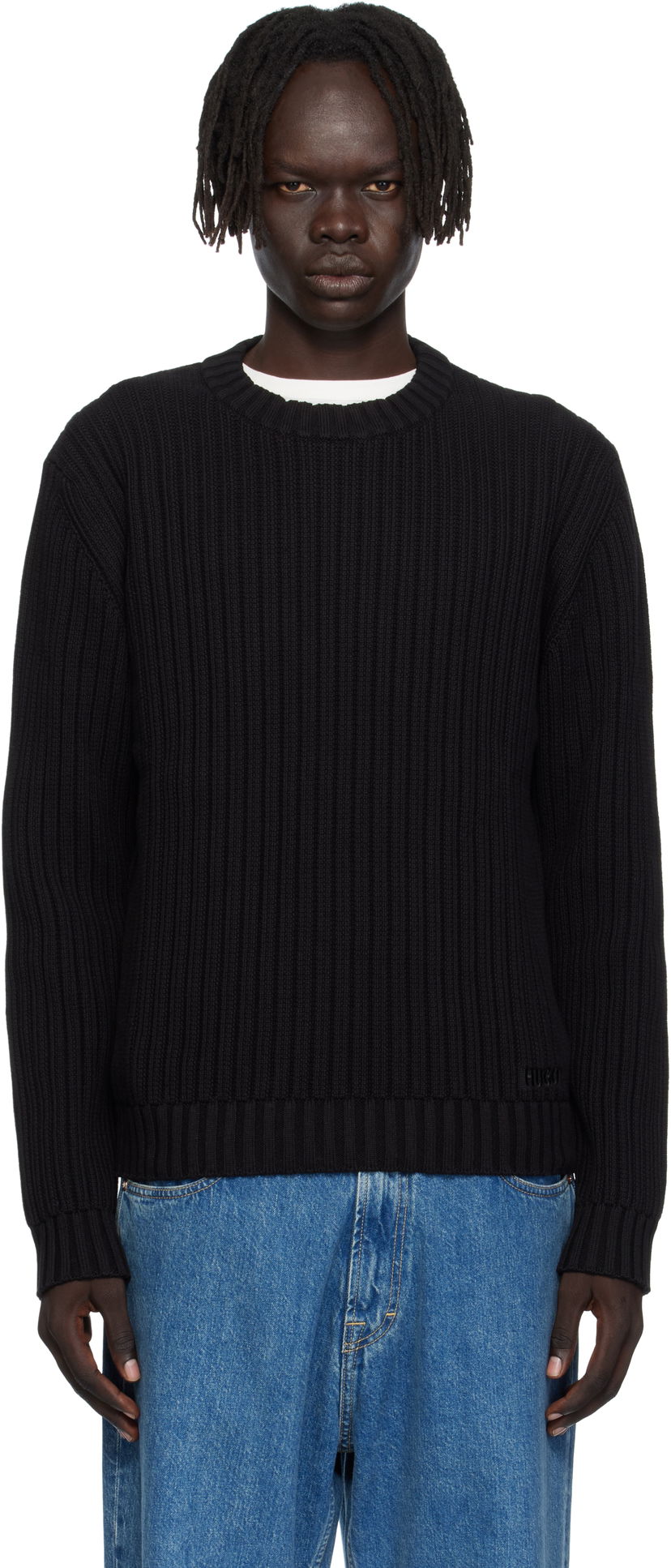 Sveter BOSS Hugo Embroidered-Logo Ribbed Knit Sweater Čierna | 50546863