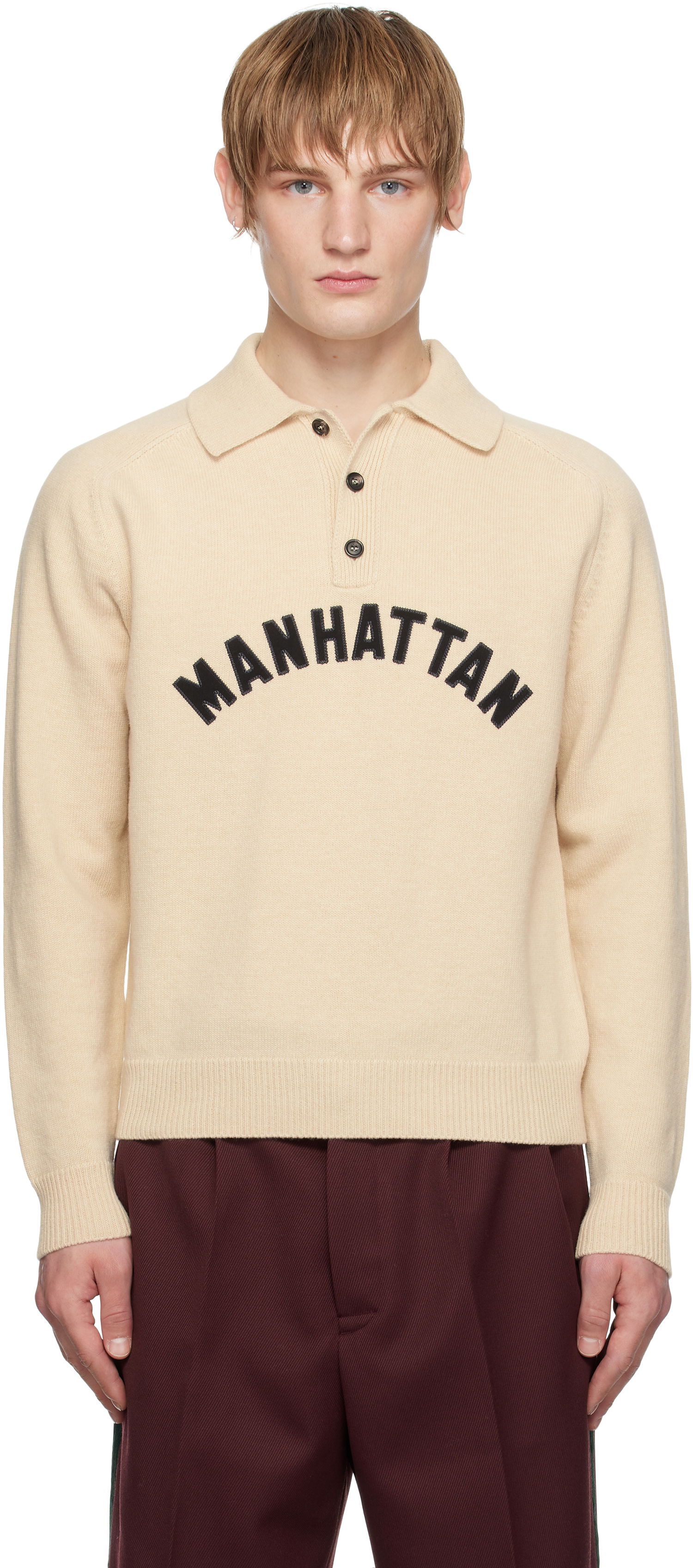Sveter Bode Knit Polo with Embroidered Logo Béžová | MRF24KT008, 0