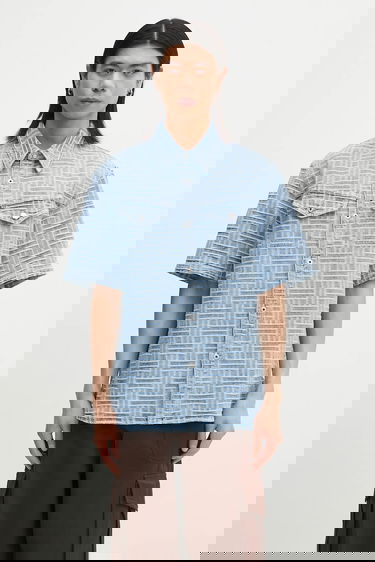 Košeľa KENZO Kenzo Relaxed Short Sleeve Geometric Patterned Denim Shirt Classic Collar Modrá | FF55DC1026J4.DB, 0